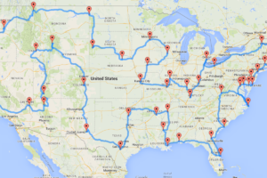 Map of the United States showing road trip route between 2026 World Cup host cities
