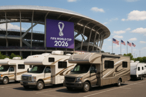 RVs parked near a FIFA World Cup 2026 stadium during matchday in the United States