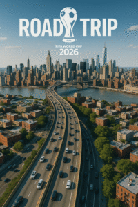 Aerial view of New York City with a highway leading into the city during a 2026 World Cup road trip