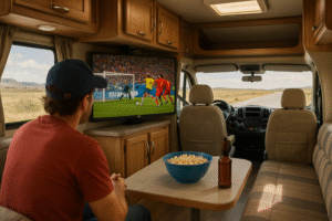 Fan watching a FIFA World Cup match inside an RV during a cross-country road trip