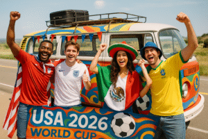 World Cup fans posing by a decorated van during a road trip across America in 2026