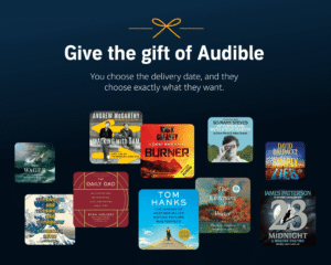 Audible gift card with ribbon and headphones illustration
