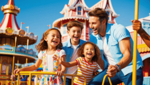 Children laughing with Mickey Mouse at Walt Disney World theme park in Orlando