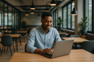 Aspiring entrepreneur working on a laptop in a modern coworking space