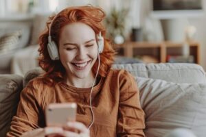 Happy woman smiling while listening to audiobook on Audible through wireless headphones