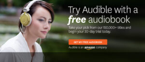 Try Audible free for 30 days banner with audiobook icons and Amazon logo