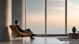 Guest relaxing in a luxury hotel suite at Hotel Asia International with city view through wide glass windows